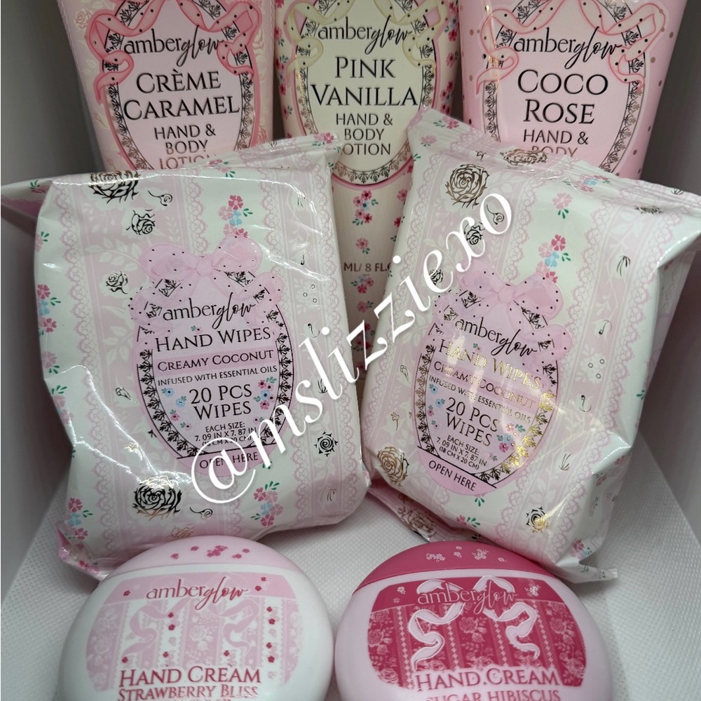 Amber Glow Hand & Body Care Set of 7 - Pink and White